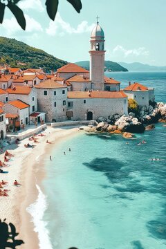 A picturesque town with beautiful churches and beaches, bathed in bright sunlight. The turquoise sea reflects the sky above, with people sunbathing on white sand and swimming in crystal-clear waters.