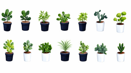 Fototapeta premium Watercolor Illustration of Various Potted Houseplants in Dark and Light Pots, a Vibrant Collection of Indoor Greenery.
