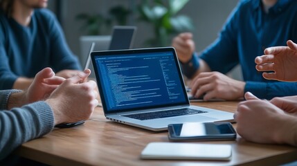 Collaborative Team Meeting in Modern Office Space with Laptop Displaying Code, Engaged Work Culture and Focused Discussions among Professionals.