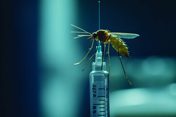mosquito on a medical syringe, highlighting vaccination efforts. 4k image