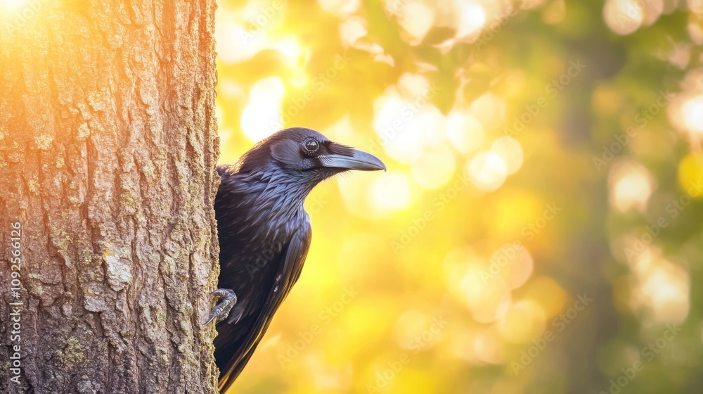 Poster A raven peeks from behind a tree, illuminated by warm sunlight in a serene environment.