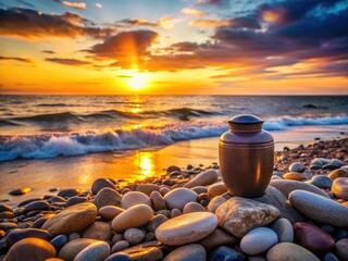 Obraz premium Vintage Style Rocky Beach with Cremation Urn - Nature Connection, Memorial Tribute, Emotional Healing, Contemplation, Persona