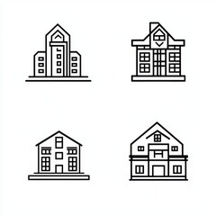 Fototapeta premium A collection of four modern building line illustrations showcasing diverse architectural styles.