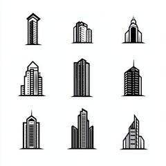 Fototapeta premium A collection of nine minimalist skyscraper icons in black and white, showcasing modern architectural designs.