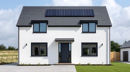 A Stunning Modern Home Featuring Solar Roof Tiles for Sustainable Living and Energy Efficiency. Energy Stock, Renewable, Sustainable Concept