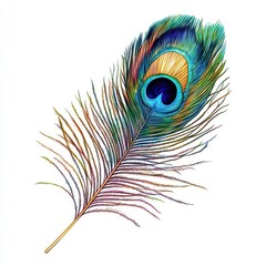 Fototapeta premium A vibrant peacock feather showcasing stunning colors and intricate patterns against a white background.