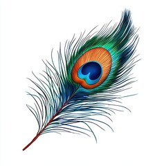 Obraz premium An intricately designed peacock feather with vibrant colors, showcasing shades of blue, green, and orange.
