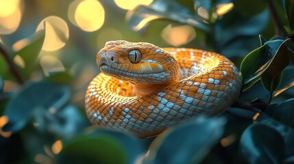 Fototapeta premium A close-up of a yellow and white snake with orange eyes curled around a branch with green leaves and a blurred golden background.