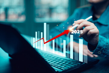 Businessman touch growth data chart arrow with diagram 2025 budget, Businessman pointing arrow graph corporate future growth year 2024 to 2025, Development to success and motivation.