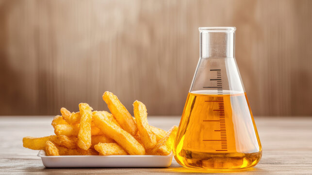 Acrylamide Testing: French Fries and Oil Close-up of golden French fries beside a lab beaker containing extracted oil, highlighting acrylamide studies in food safety research