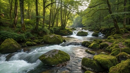 Fototapeta premium Water flows over moss-covered rocks in a forested river, slow shutter speed, peaceful environment, forest river, serene atmosphere, natural scenery