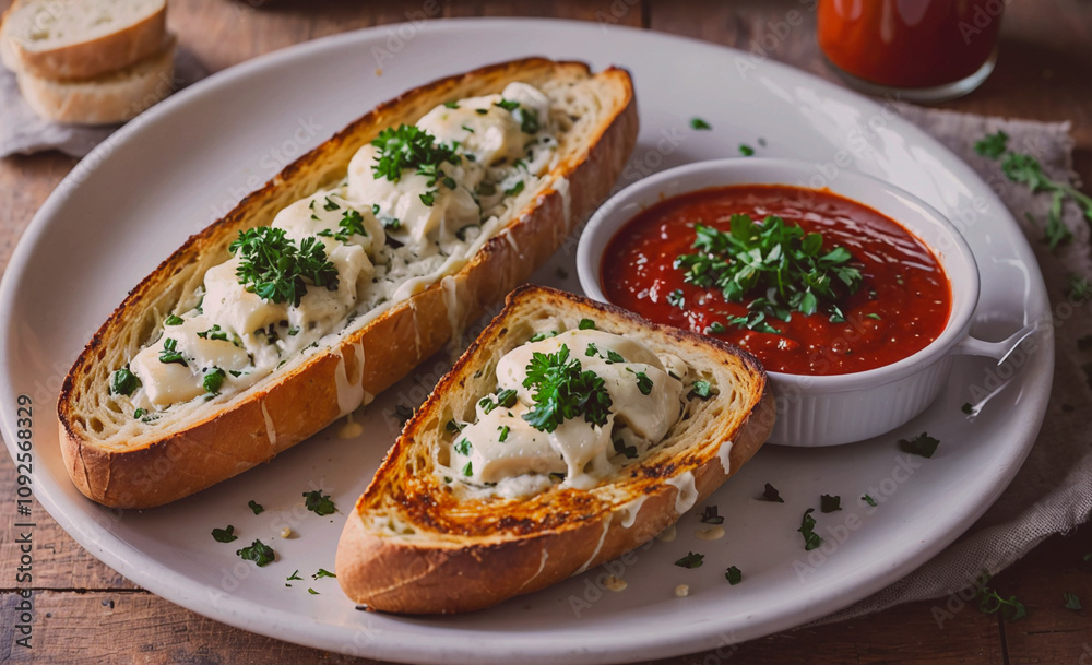 Poster plate of two breaded items with cheese and parsley on top. a white bowl of red sauce is on the left 