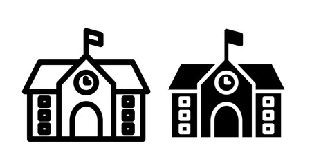 High school building Icon set in black filled and line.