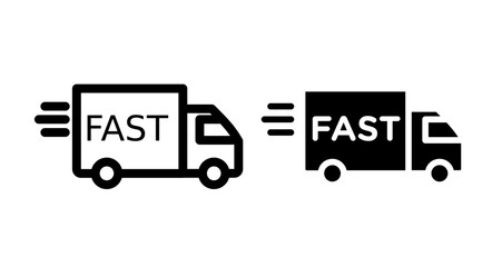 Fast delivery truck Icon set in black filled and line.