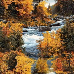 Autumn Forest with a Rocky River Landscape Seamless Texture Pattern