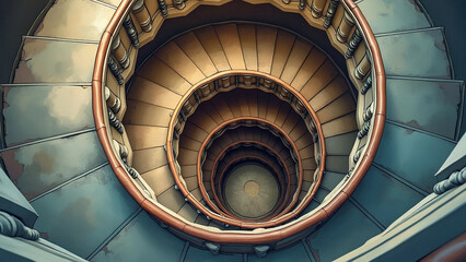 Spiral Staircase in Building, Overhead Circular View