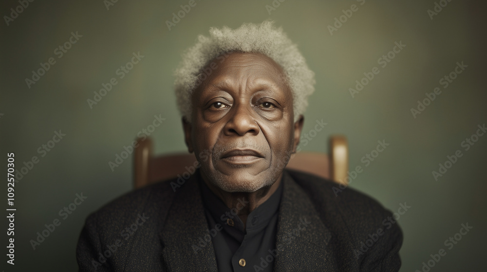 Wall mural Portrait of a senior African American man with gray hair is sitting in a chair