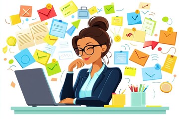 Fototapeta premium Confident Businesswoman Working on Laptop with Colorful Sticky Notes Surrounding Her