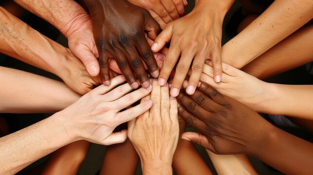 A group of hands of different colors and sizes coming together in a circle, fingers interlocked in unity