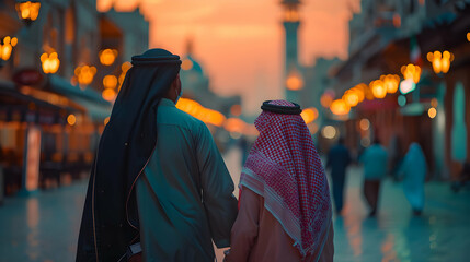 Obraz premium Couple Stroll at Dusk, Illuminated Cityscape Background, Romantic Evening Ambiance, Middle Eastern Traditional Attire, Holding Hands in the City Streets, Warm Sunset Glow