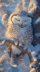 Snowy owl resting on a snowy branch.