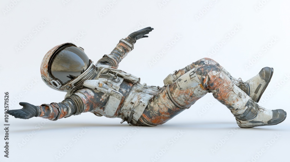 Poster an astronaut in a weathered suit reclines on a plain background, suggesting exploration themes.