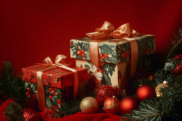 Red background showcasing Christmas gift boxes with ribbons in a festive arrangement. high quality image