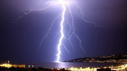 A powerful bolt of lightning illuminates the night sky during a fierce thunderstorm, casting an eerie glow over the city