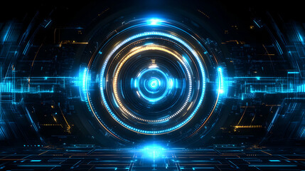 Obraz premium Abstract 3D Futuristic Digital Background with a Glowing Blue and Orange Interface and a Circular Shape that is Surrounded by a Grid of Lines