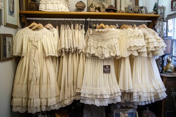 A collection of vintage cream-colored dresses displayed on hangers.
