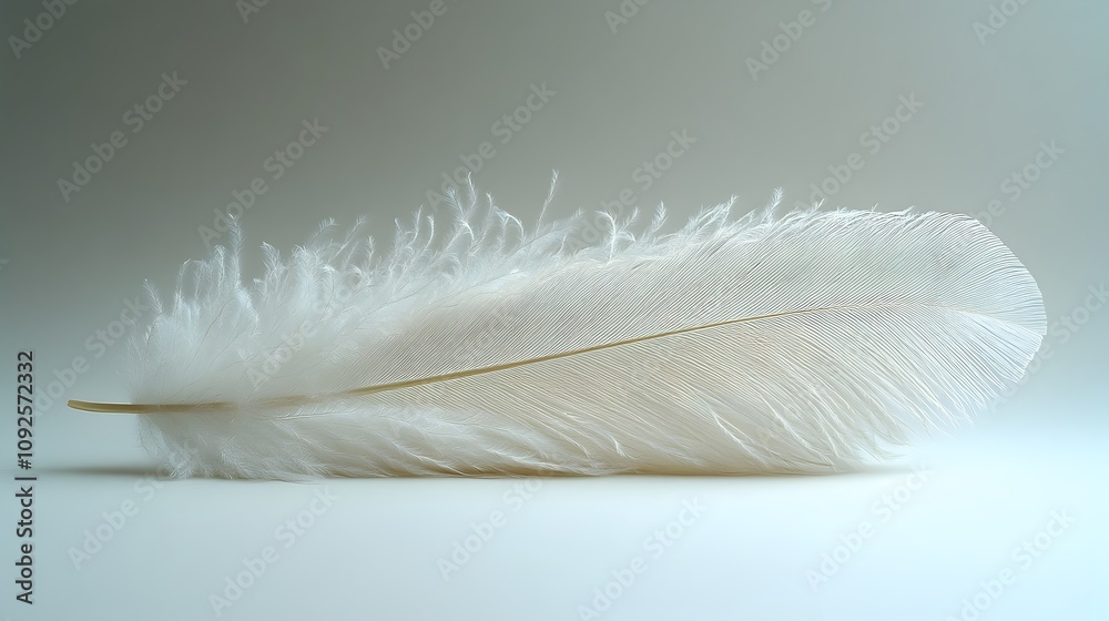 Poster a close-up shot of a single,delicate white feather floating against a calm,minimalist studio backgro