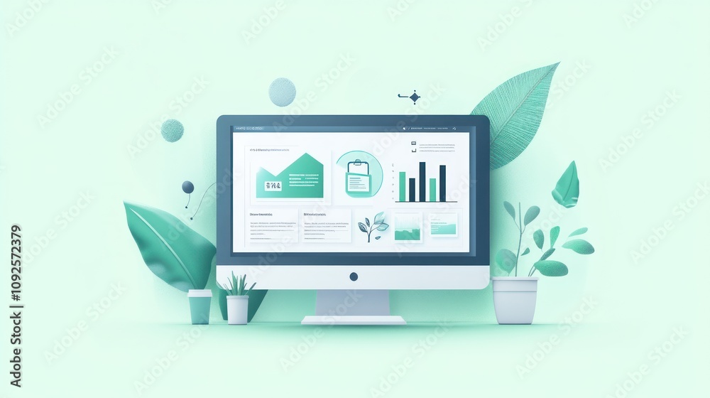 Aufkleber A digital workspace displaying analytics and graphs surrounded by plants.