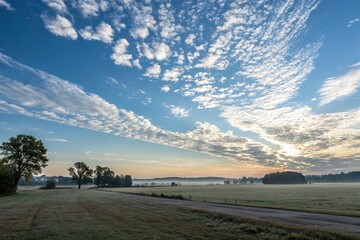 Obraz premium Gentle morning light dancing across a canvas of expansive blue sky with scattered wispy clouds, open landscape, soft illumination, sky and cloud formations