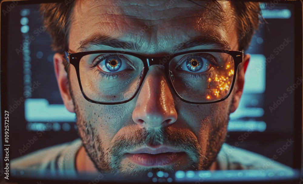 Poster Man with glasses is staring at a computer screen. The screen is black and white. The man's eyes are open and he is looking directly at the camera
