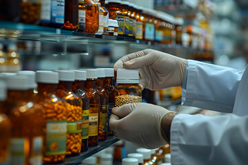 Fototapeta premium Gloved Hands Carefully Selecting Medicine Bottles from a Pharmacy Shelf