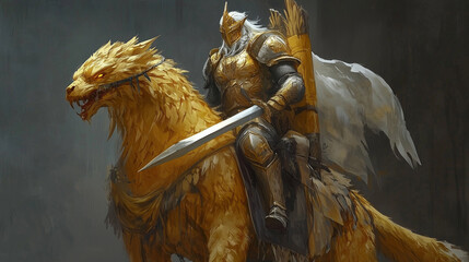 Fototapeta premium Griffon Rider Commander  A seasoned knight mounted on a massive golden griffon, wielding a lance tipped with enchanted light, illustration, semi realistic drawing