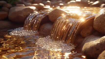 Sparkling water flows over smooth stones.