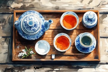 Tea Day. Background with herbs for tea, black and green tea, frame, place for text