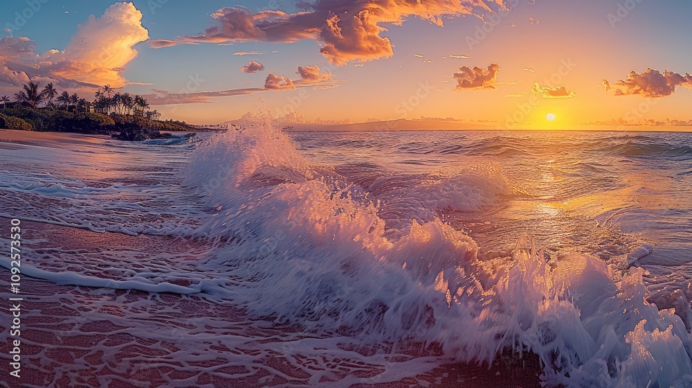 Aufkleber waves crashing on the shore, colorful sky create a warm backdrop.