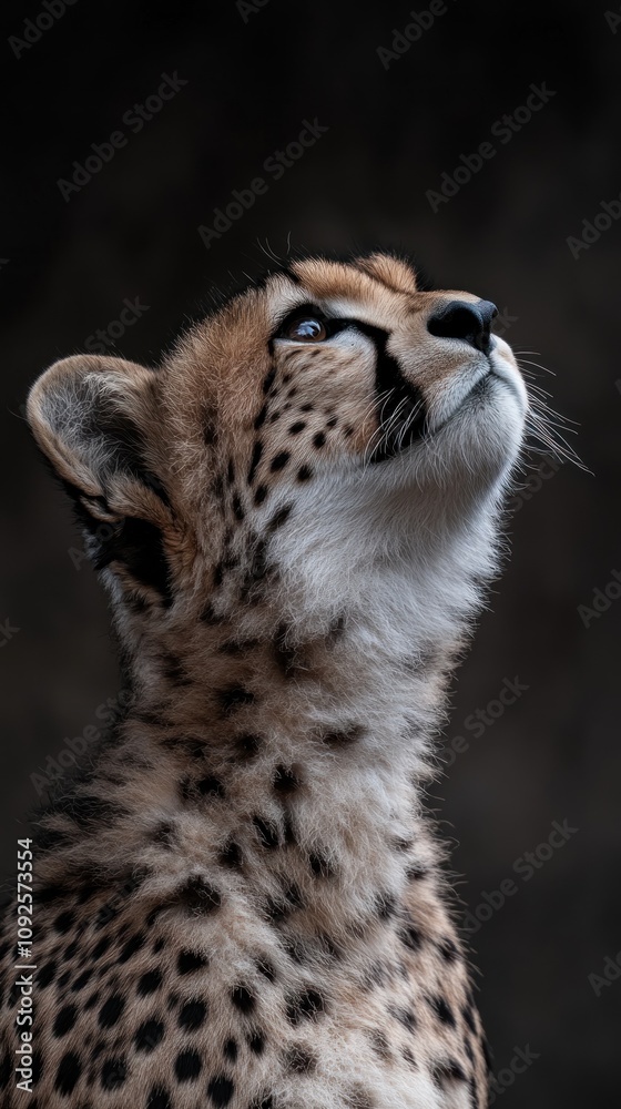 Poster a close-up of a cheetah gazing upwards, showcasing its distinctive spots and expressive features.