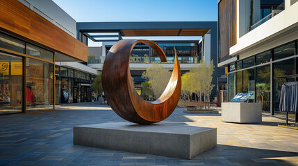 Upscale shopping mall with modern sculpture in front - Sleek design in full sunlight, stylish outdoor plaza, inviting and open