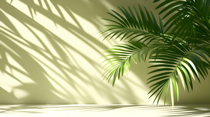Obraz premium A 3D Rendering of a Palm Leaf Casts Shadows on a Yellow Wall, Creating an Abstract Background Image