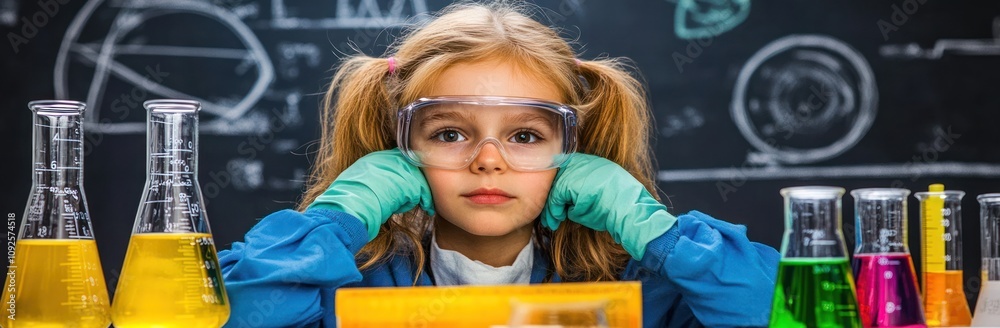Poster a young girl in safety goggles explores science with colorful liquids in a lab setting.