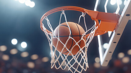 Primer plano de una pelota de baloncesto entrando en el aro