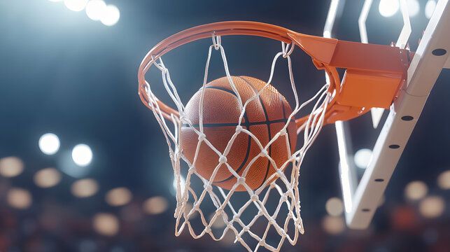 Primer plano de una pelota de baloncesto entrando en el aro