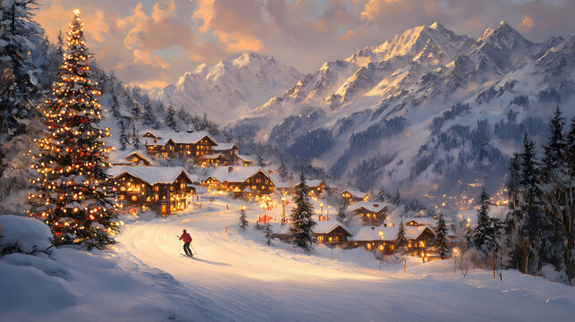 A rich acrylic painting of a snowy mountain scene with a lone skier descending, distant wooden chalets lit with warm lights, and a decorated Christmas tree in the foreground.