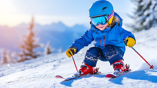 Ni&ntilde;o peque&ntilde;o empieza a esquiar en pista debutantes