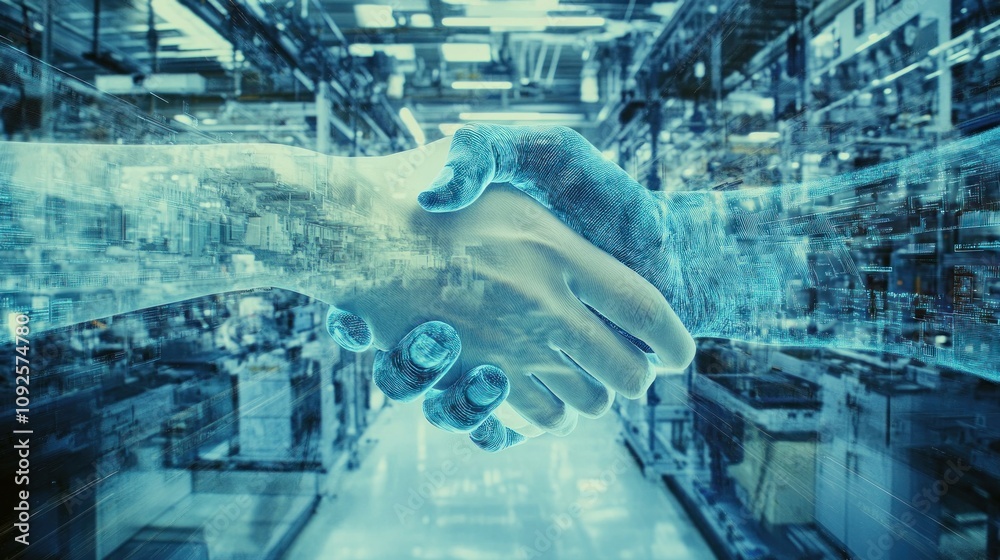 Poster a digital handshake symbolizing collaboration and innovation in a futuristic industrial setting.