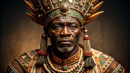 A 19th-century African king or tribal leader, wearing traditional regalia with intricate patterns and a regal headdress