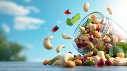A glass jar spills a colorful assortment of nuts and candies against a bright, blue sky, creating a vibrant and dynamic scene of tasty snacks.